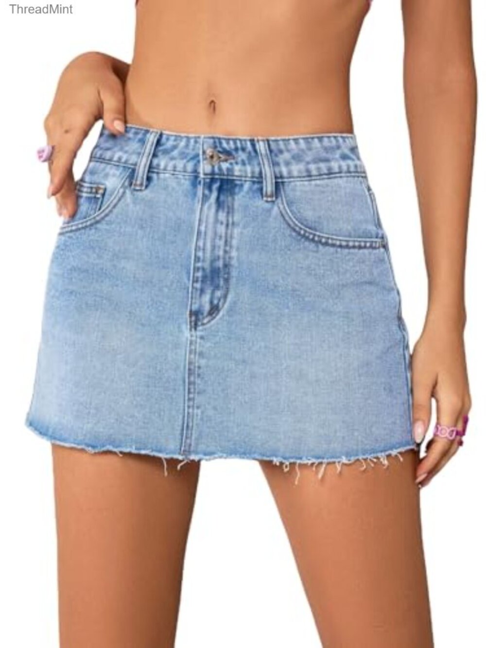 Mini Denim Skirt Mid Waist Raw Hem 2 Pockets High Stretch